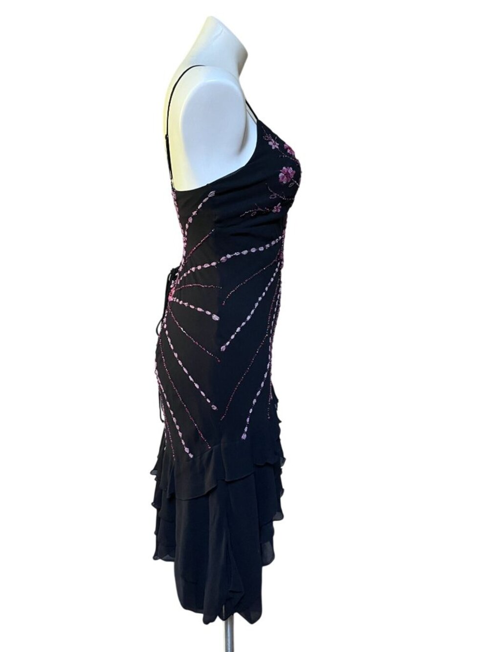 Sue Wong Silk Y2K Fairy Dress Pink Floral Beading Handkerchief Hem Lace-Up Back - Picture 9 of 11